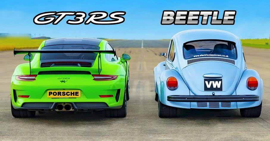 Porsche 911 GT3 RS против VW Beetle с двигателем Tesla