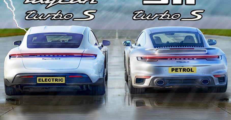 Porsche 911 Turbo S борется с Taycan Turbo S на мокрой трассе