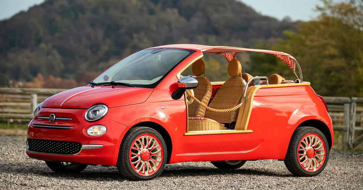 Посмотрите на пляжный Fiat 500 без дверей, без крыши и с плетеным интерьером.