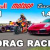 A Formula 1 car competed in a drag race with a MotoGP bike and a tuning Porsche