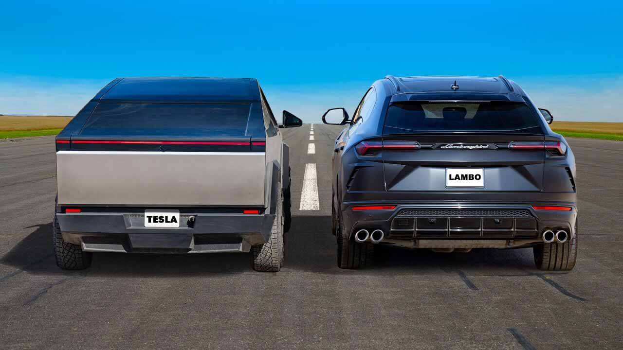 Electric pickup Tesla Cybertruck compared in a straight line race with Lamborghini Urus