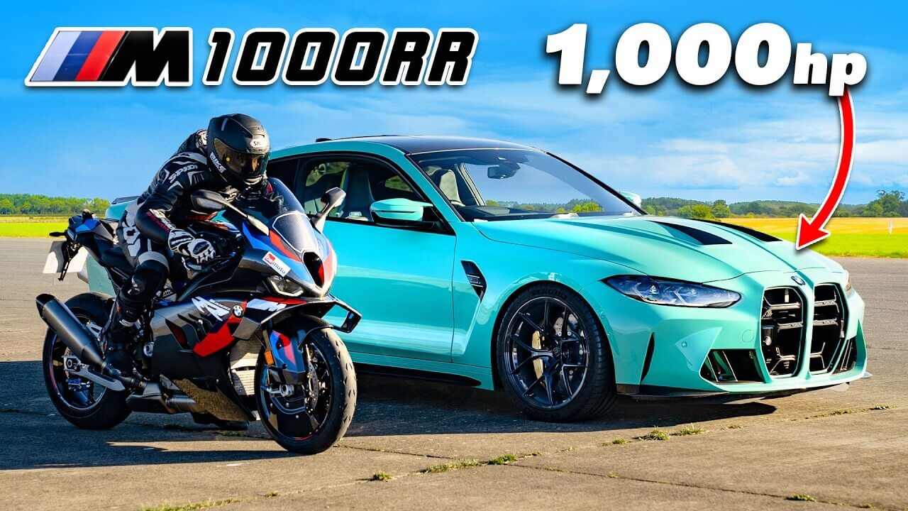 The BMW M 1000 RR superbike tried to overtake the 1000-horsepower BMW M4 coupe