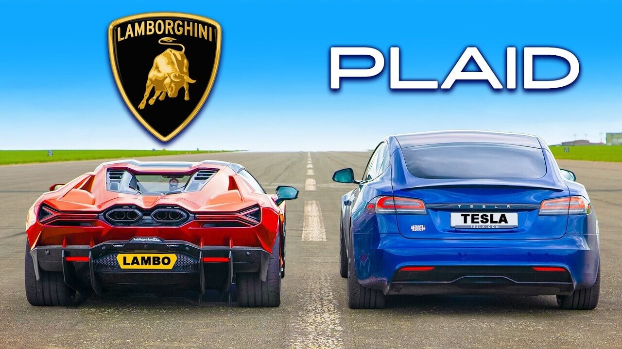 Lamborghini Revuelto super hybrid battles Tesla Model S Plaid electric car