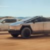 Tesla Cybertruck and Rivian R1T electric pickups compete in an off-road race