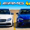 Two Mercedes-AMG C 63s with V8 and turbo four-cylinder engines battle it out in a straight-line race